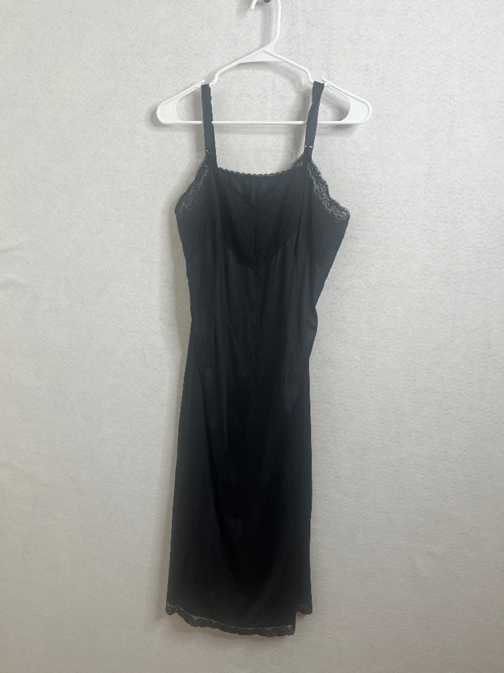 Vintage Black Lace Trim Slip Dress Satin Nightgown Adjustable Straps